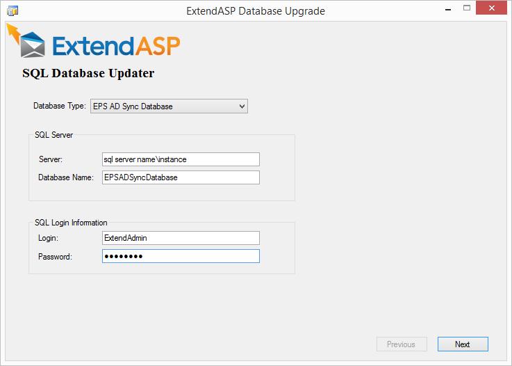 Install AD Sync Database 1. You will find a folder adsync db upgrader.zip in the install package. Run the application (ExtendASP.DbUpgrade.Client.exe) 2.