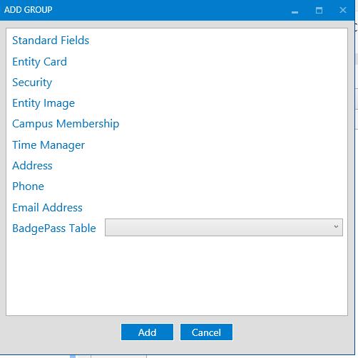 Adding BadgePass field Groups Next, add the items that you would like to import to by clicking the Add button. You can import just the data that you are interested in.
