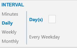Weekly Allows you to run the schedule every 1 or more weeks and to specify which day to run it on.