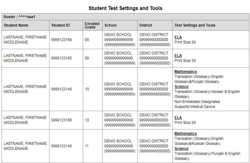 Introduction to the Manual Viewing, Editing, Deleting, and Printing a Roster Figure 39. Student Test Settings and Tools print view 4.