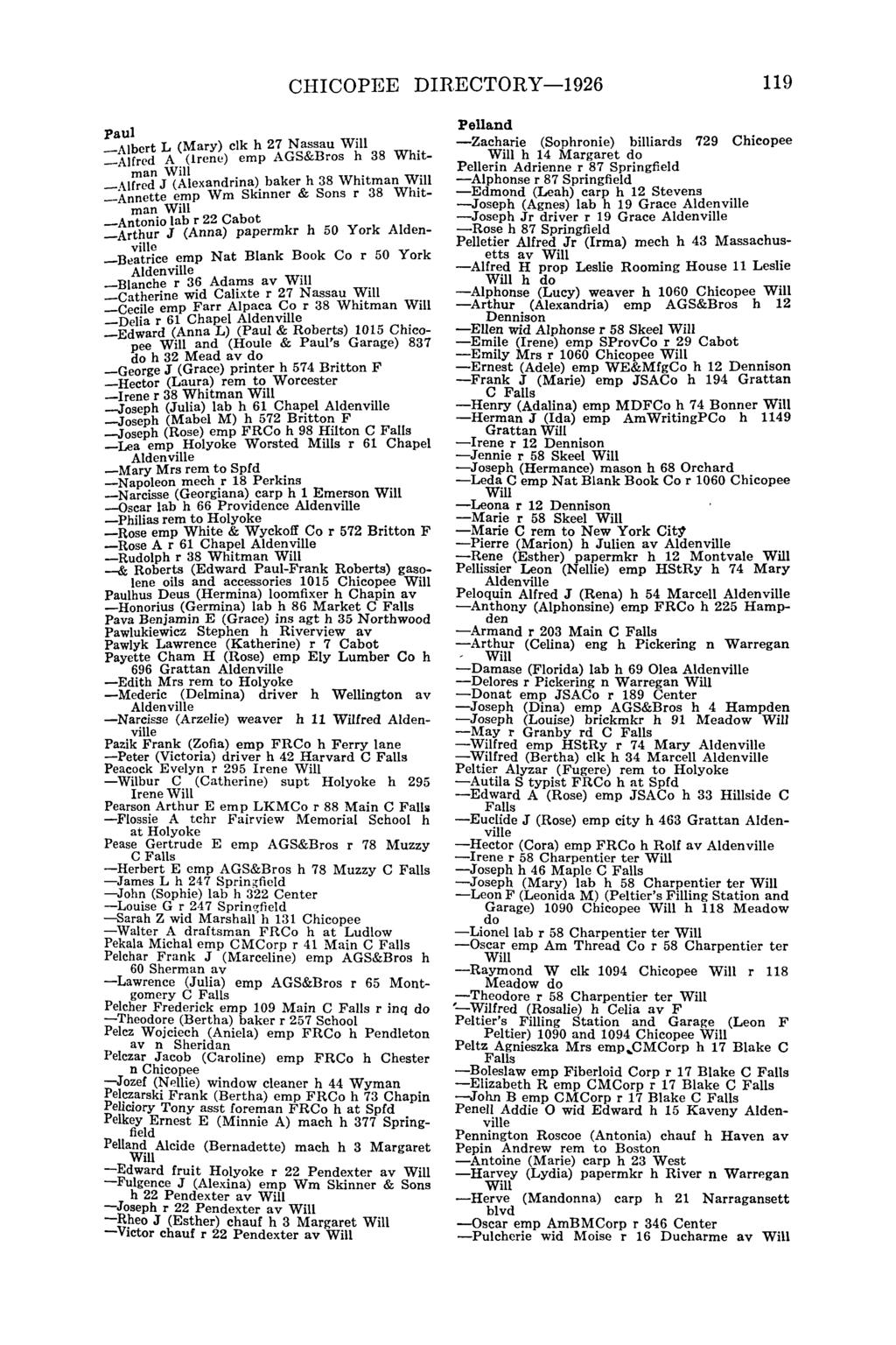 CHICOPEE DIRECTORY -1926 119 Paul -Albert L (Mary) clk h 27 Nassau -Alfred A (irene) emp AGS&Bros h 38 Whitman -Alfred J (Alexandrina). baker h 38 Who Itman.