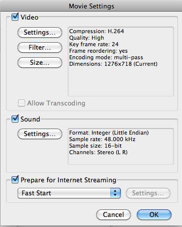 Step 2 Select OPTIONS next to Format_QuickTime Movie, from there you ll select Video_SETTINGS, SIZE and SOUND SETTINGS. Step 2b Video SETTINGS: select H.