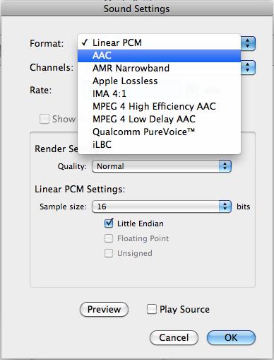 Final Cut Pro - Video Export Process Exporting Video for a News Broadcast FCP 7.0 15. Step 4 In SOUND SETTINGS select AAC. Keep the sound channels at Stereo and change the RATE to 44.100khz.