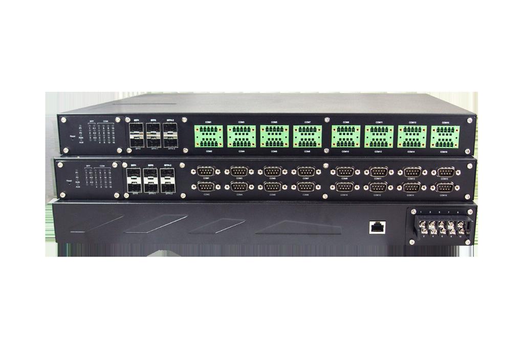 High- Voltage AC/DC (100~20VAC or 100~70VDC) 6 Fast-Ethernet interfaces, either RJ5 or SFP slot 8 or 16 RS-22/RS-85/RS-22 Serial ports, with or without isolation TCP Server/Client, UDP, Virtual COM