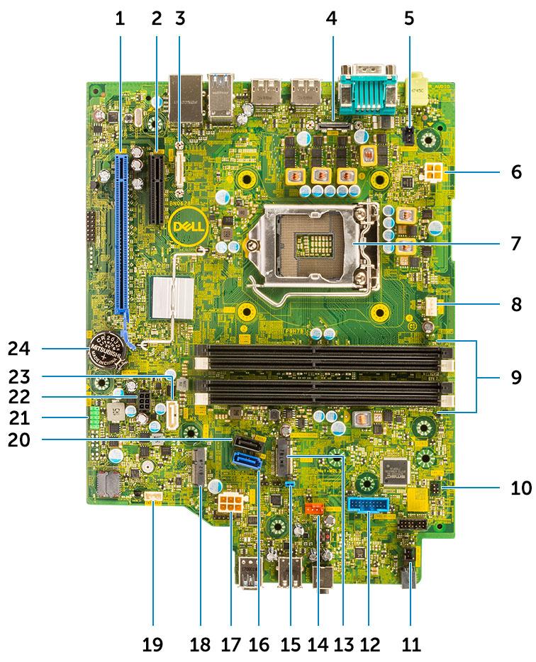 Motherboard layout 1 PCI-e x16 connector (slot 2) 2 PCI-e x4 connector (slot1 open ended x4 to support x16 3 USB Type-C connector 4 Video connector 5 Intrusion switch connector (Intruder) 6 CPU power