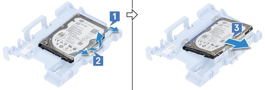 4 To remove the 2.5 inch hard drive from the assembly bracket: a Pull one side of the hard drive bracket to disengage the pins on the bracket from the slots on the hard drive [1,2].