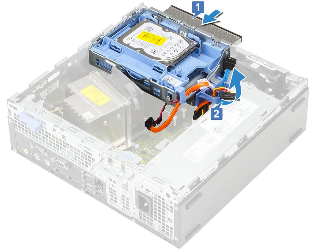 3 Connect the optical drive data cable and power cable to the connectors on the optical drive [1, 2].