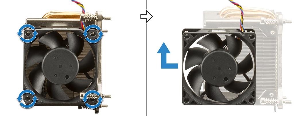 4 To remove the heat sink fan: a Remove the four screws from the fan and lift the fan away from the heat sink.
