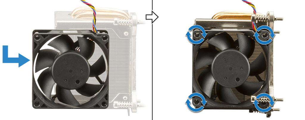 a b Align and place the slots on the fan to the slots on the heat sink module. Replace the four screws to secure the heat sink fan to the heat sink.