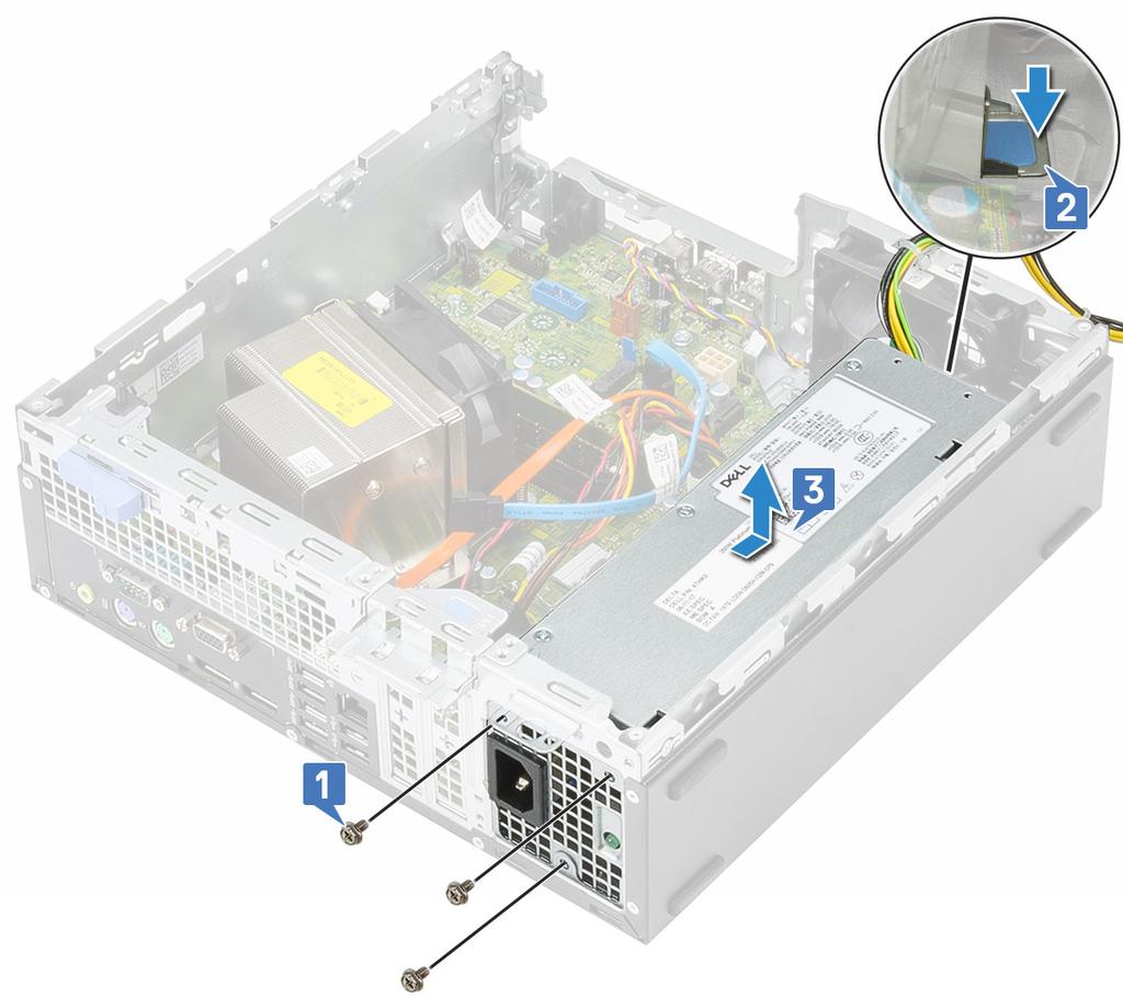 Installing the power supply unit or PSU 1 Insert the PSU in the chassis and slide it towards the back of the system to
