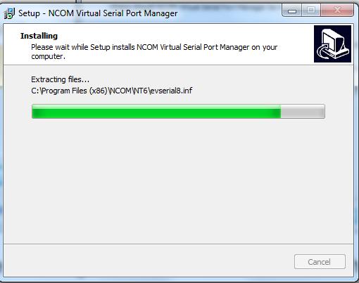 6. When the message Completing the NCOM Virtual Serial Port Manager Setup Wizard
