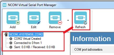 8.5 Refreshing Virtual Serial Port Information The virtual serial port information on the main window of NCOM Virtual Serial Port