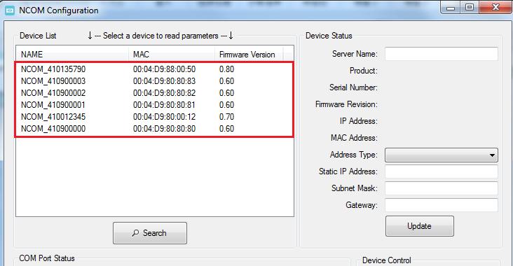 After a few seconds, NCOM Virtual Serial Port Manager will search all attached NCOM