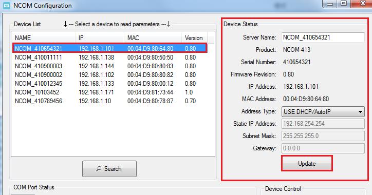 8.7.2 Device Status The Device Status section indicates the following information: Server Name, Product, Serial Number, Firmware Revision, IP Address, MAC Address,