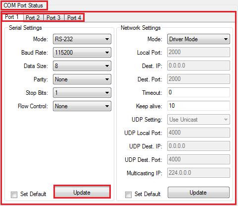 8.7.3.1 Changing Serial Parameters To change serial parameters under Serial Settings for a virtual serial port, click Port1, Port2, Port3 or Port4 under COM Port Status.