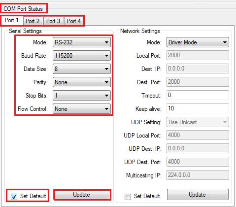Click on OK to finish changing the serial parameters. If you want to save these serial parameters as defaults, you need to check Set Default and click on Update.