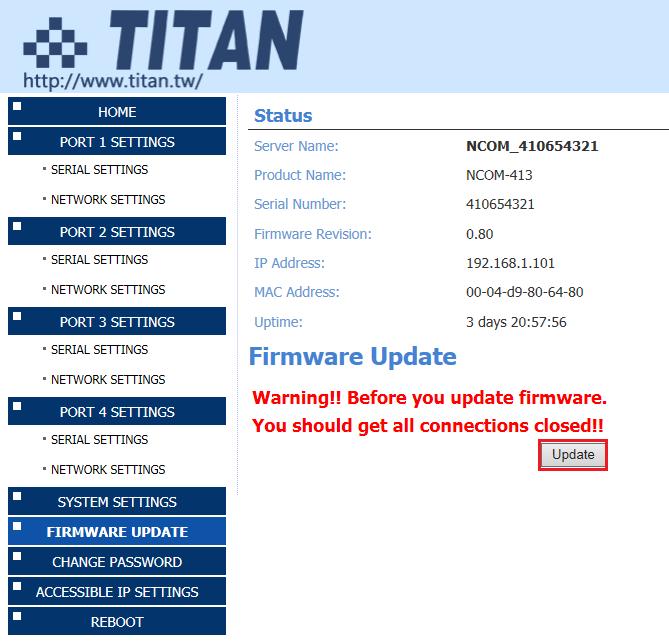 8.7.4.5 Firmware Update Tool The Firmware Update button opens the firmware update tool to upgrade NCOM- 413 firmware contents via Ethernet port.