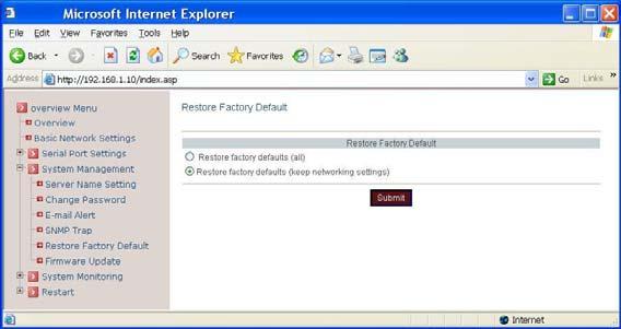 Fig 23. SNMP Trap web page 6.4.5. Restore Factory Default Restore factory defaults (all): Check this option to restore the Serial Device Server to the factory default values.