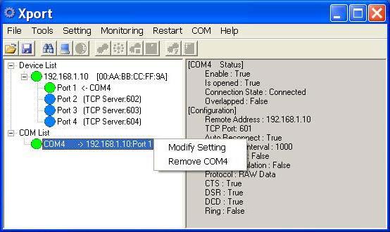 Fig 54. COM List 3. Modify Setting: User can modify Network setting and Serial setting of COM port settings as Fig 55. and Fig 56. Network setting: Remote IP address: Serial Device Server.