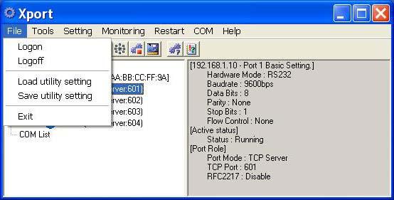 ports on a PC. Industrial Serial Device Server Fig 63. Remove all COM ports 8.4. File Click File from menu bar to show as Fig 64. Fig 64. File 8.4.1.