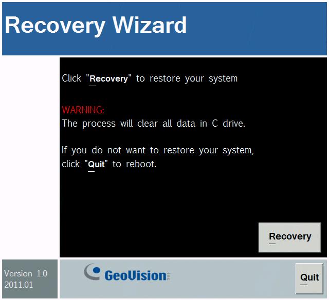 6. When this screen appears, click the Recovery button.