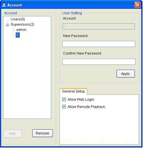 8 GV-Hot Swap Backup Center System V5 8.2 Creating Accounts You can create up to 100 User and Supervisor accounts for the connected GV-System and GV-IP Devices. 1. From the menu bar in the GV-Backup Center, click Tools.