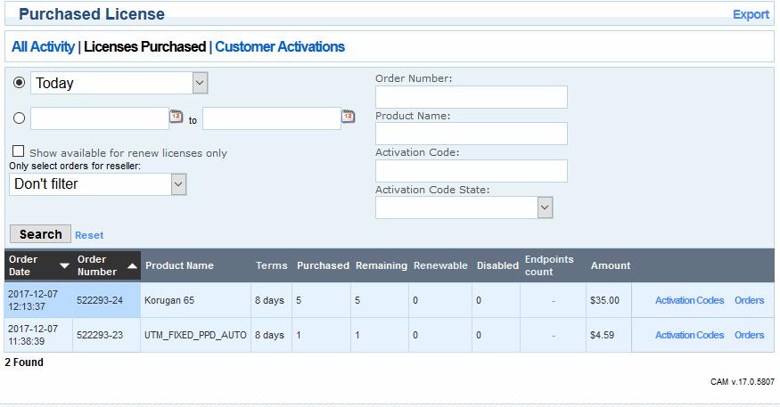 Use the search fields to filter entries by purchase date, order number, product name and more.
