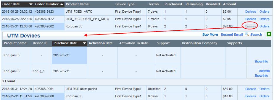 To view your available devices and their activation status, click 'Devices' in the row of an order The list of devices included in that order will be displayed: Support UTM Devices - Column