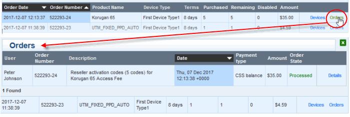 To view the support details of an order, click 'Orders' in its row