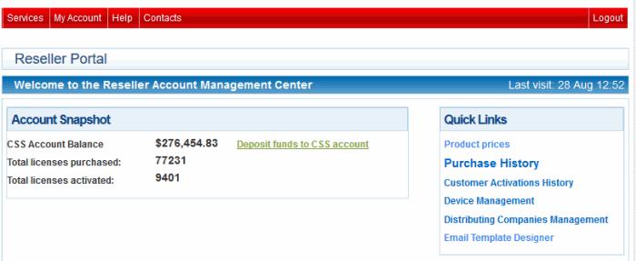 1.1.Account Snapshot and Deposit Funds The 'Account Snapshot' pane shows funds available in both your CA Reseller account and CSS accounts.