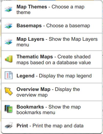 Maps When you click on the Maps button, you will get these eight options: Map Themes: this is another location to the Map Themes that were discussed previously Basemaps: contains all of the different
