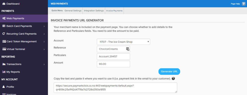 ONE OFF PAYMENTS (CUSTOMER ENTERS CARD DETAILS) You can generate a URL for a Customer to use to load a secure payment page to make a one-off payment into your account, for example, for an invoice. 1.