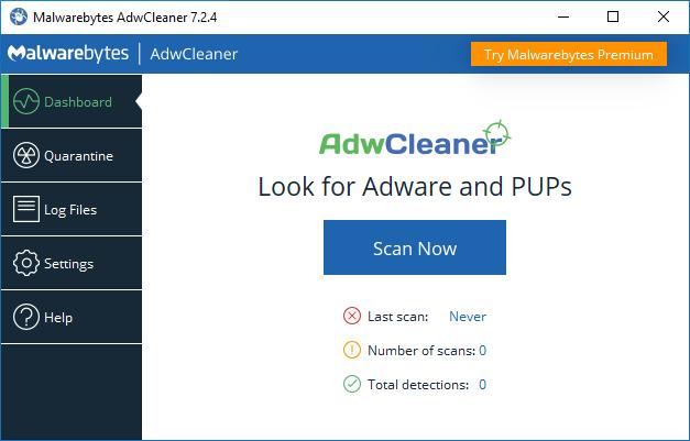 When you open AdwCleaner, the Dashboard is displayed.
