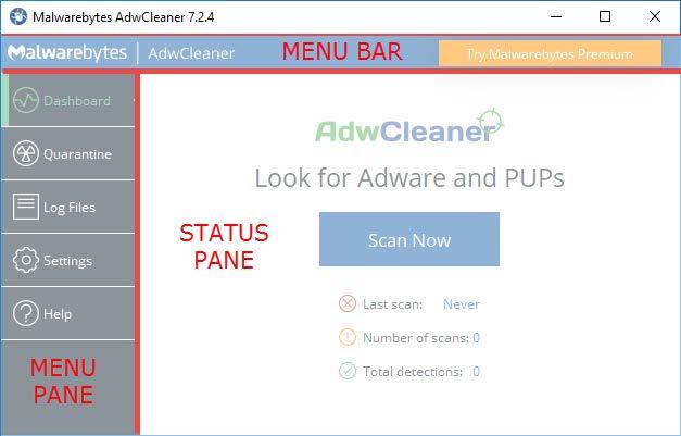 Screen Layout The AdwCleaner program interface is designed around a screen layout which is simplified and uncluttered.