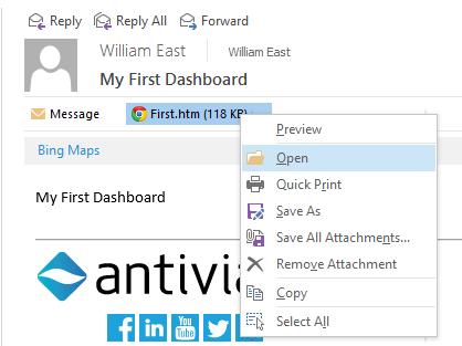 Share your dashboard To view a shared dashboard on the desktop: Open the email attachment with the.htm extension.