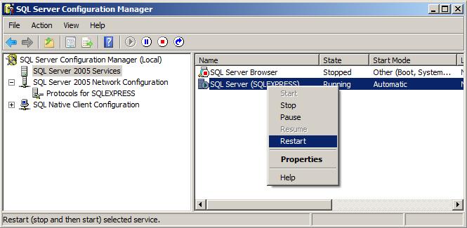 Installation Procedures SmartDispatch Installation Guide Step 7 Click OK. Step 8 Select SQL Server Services and right-click SQL Server (SQLEXPRESS) to select Restart. 4.