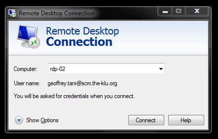 Next steps Launch Remote Desktop Connection. You should see an empty field Computer. If you are connecting from inside KLU, enter rdp-02.