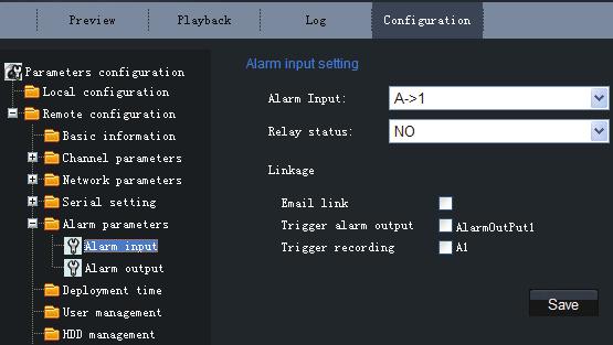 Alarm Parameters > Alarm Input Setting Set the type of Relay Status to NC or NO. Note: Please reboot the network camera to validate the modified parameters.
