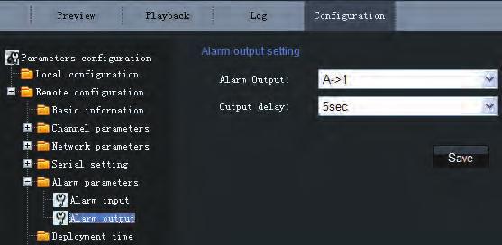 Alarm Parameters > Alarm Output Setting The Output Delay refers to the length of time that the relay remains in effect after alarm occurs.