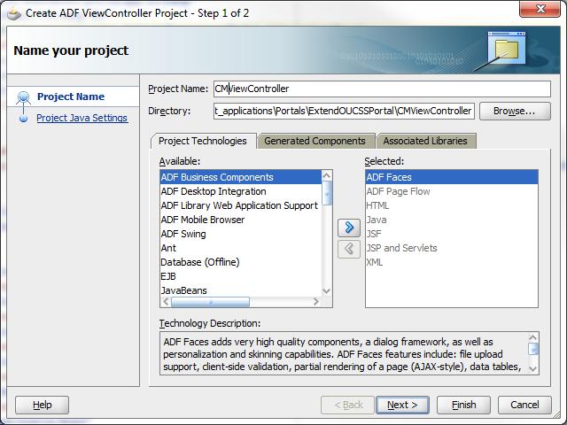 3 Select the default package, java source path, and output directory in the next screen to create the project. Important: To avoid ADF metadata conflicts (e.g., DataBindings.
