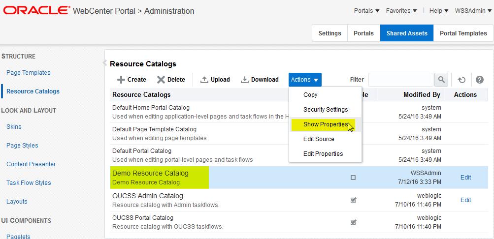 8 To activate and use the new Demo Resource Catalog for one or more contexts, first copy the Internal ID of the new catalog by choosing Actions > Show Properties.