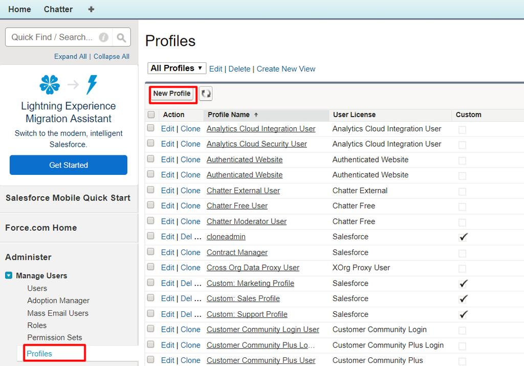1. In the Salesforce UI, go to Manage Users > Profiles, then click New Profile. 2. Choose the Custom-Profile Name option for the existing profile field.