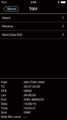 Explanation of information shown Selected item Data item name Description SD card Folder Take Free Size Remain Path Date Time Path TC FPS Len Fmt Date Time Size Side