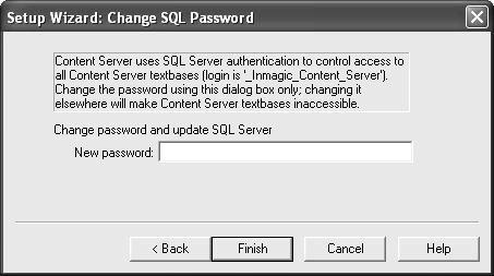When Content Server successfully connects to your SQL instance, the Change SQL Password dialog will appear. Enter a password in the New password box, and then click Finish.