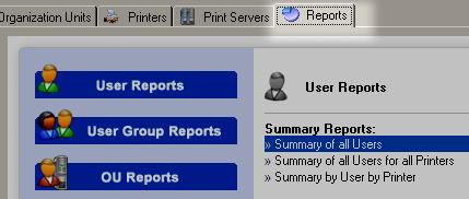 RUNNING REPORTS TO VIEW SUMMARY AND DETAILED INFORMATION The Print Manager Plus [Reports] tab allows Administrators to view summaries and detailed printing histories