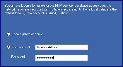 4. It will now ask you which logon the service will use when connecting to the database. You must use a common administrator account, as described in the Workstation Agent Pre-Requisites section. 5.