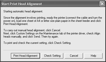 11 Read the message and click Print Head Alignment. It takes about 80 seconds to start printing. Do not open the Top Cover while printing. 12 Ensure that the pattern shown on the left is printed.