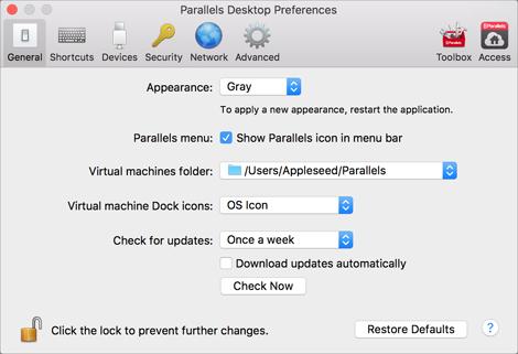Parallels Desktop Preferences and Virtual Machine Settings To open these preferences, choose Parallels Desktop > Preferences, then click General.