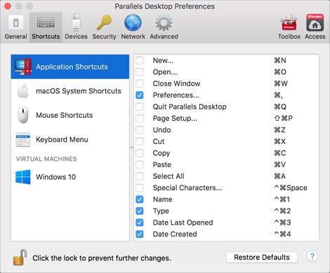 Parallels Desktop Preferences and Virtual Machine Settings Shortcuts Preferences Use Shortcuts Preferences to customize keyboard shortcuts, create keyboard profiles for multiple operating systems,