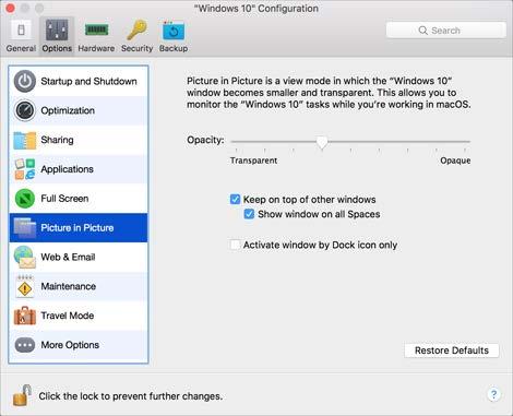 Parallels Desktop Preferences and Virtual Machine Settings To open these settings, choose Actions > Configure > Options, then click Picture in Picture.